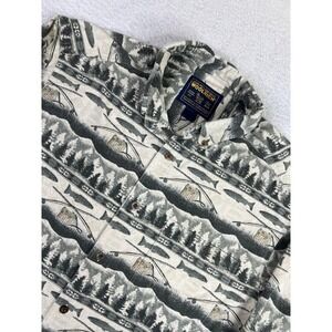 Woolrich Shirt Mens XL Gray Fishing Scenic Flannel Button Down 100% Cotton Lodge